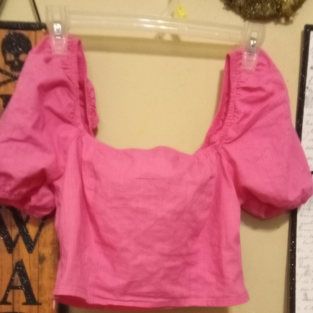 5/$12 Shein Pink Puff Sleeve Crop Side Zipper  Women's Top